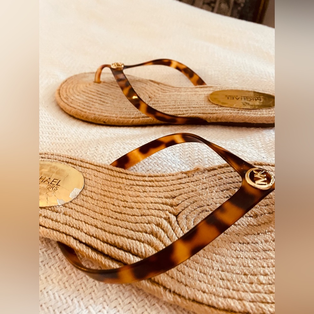 🖤New Michael Kors Tortoiseshell Strap Jute-Style Flip Flop Sandals - Picture 6 of 9